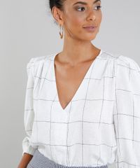 Camisa-Feminina-em-Linho-Estampada-Quadriculada-com-Botoes-Manga-Curta-Decote-V-Off-White-9382346-Off_White_4 Camisa-Feminina-em-Linho-Estampada-Quadriculada-com-Botoes-Manga-Curta-Decote-V-Off-White-9382346-Off_White_4