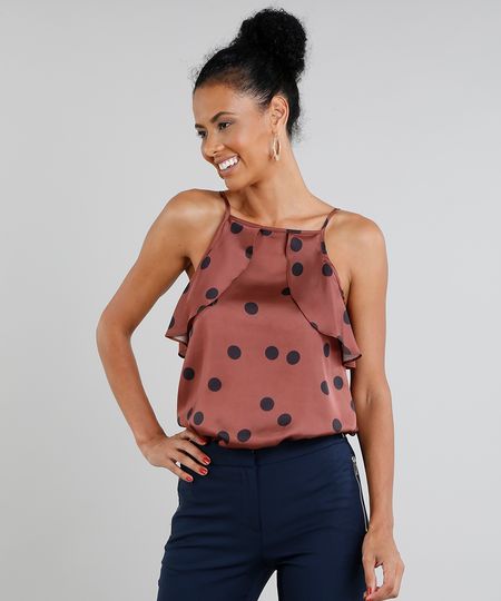 Regata Feminina Halter Neck Acetinada Estampada de Poá com Babados Marrom Menor preço em Regata Feminina Halter Neck Acetinada Estampada de Poá com Babados Marrom