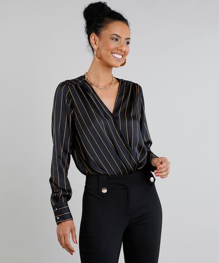 Body Feminino Blusê Acetinado Listrado Manga Longa Decote V Preto Menor preço em Body Feminino Blusê Acetinado Listrado Manga Longa Decote V Preto