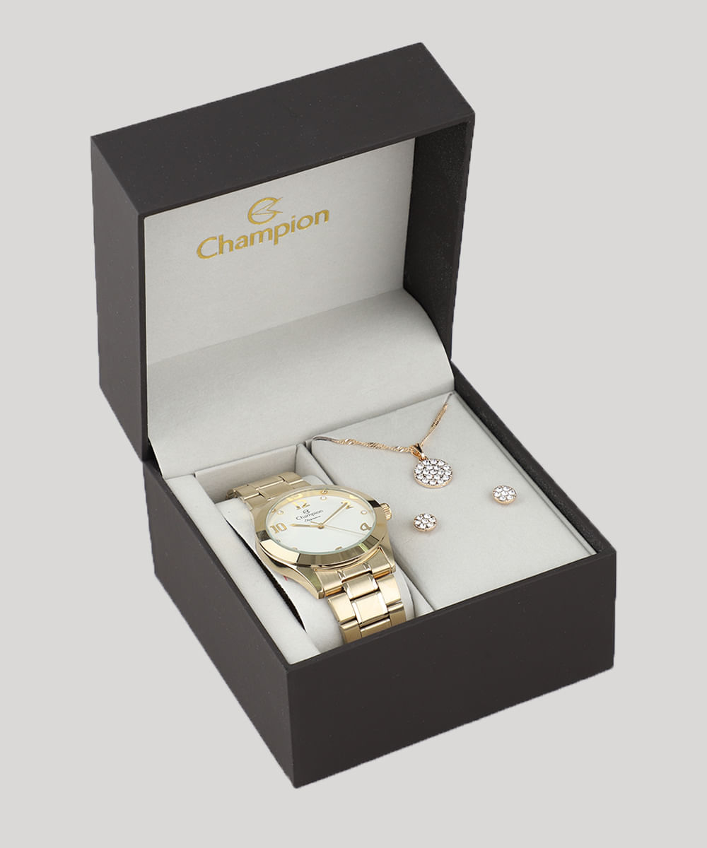 Kit de Relógio Analógico Champion Feminino + Brinco + Colar - CN26911W Dourado