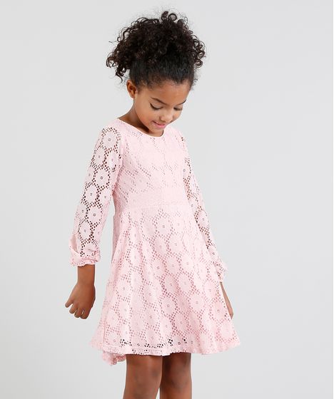 Vestido Infantil Em Renda Manga Longa Rosa Cea