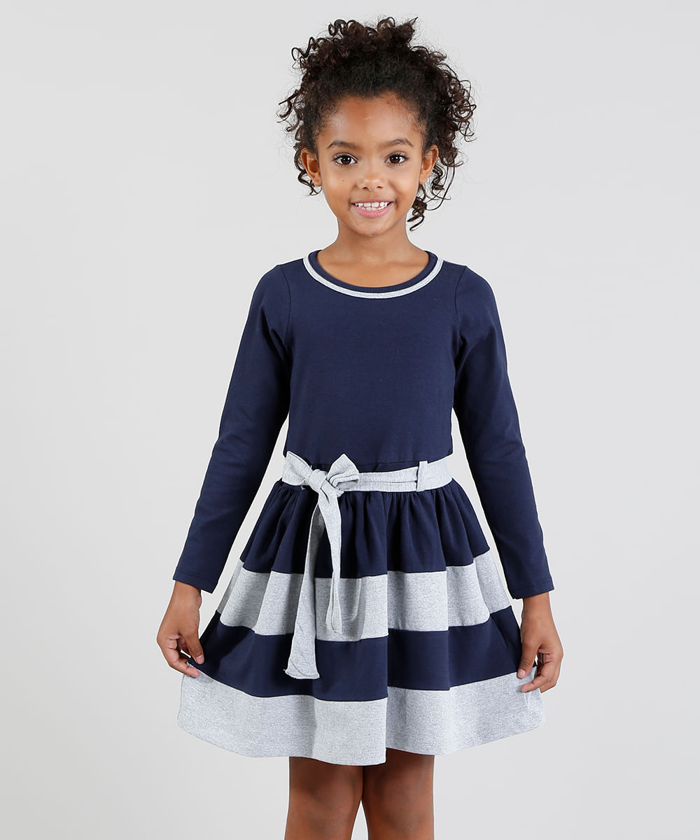 Vestido Infantil Com Recortes E Laco Manga Longa Azul Marinho