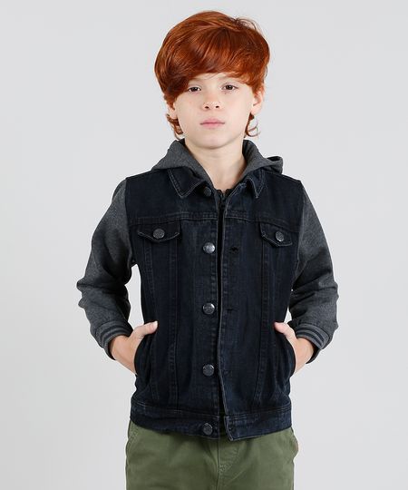 Jaqueta Jeans Infantil com Capuz Manga Longa em Moletom Preta Menor preço em Jaqueta Jeans Infantil com Capuz Manga Longa em Moletom Preta