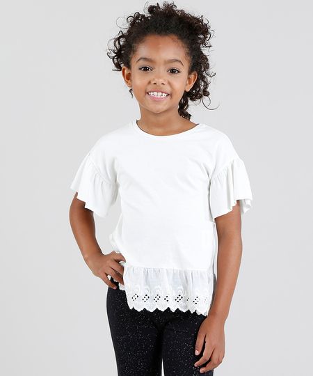 Blusa Infantil com Laise Manga Curta Decote Redondo Off White Menor preço em Blusa Infantil com Laise Manga Curta Decote Redondo Off White