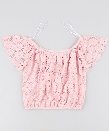 Blusa Infantil Ombro a Ombro em Renda Manga Curta Rosa Menor preço em Blusa Infantil Ombro a Ombro em Renda Manga Curta Rosa