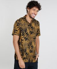 Camisa-Masculina-Relaxed-Estampada-de-Folhagem-Manga-Curta-Mostarda-9466283-Mostarda_1