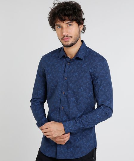 Camisa-Masculina-Slim-Estampada-de-Folhagem-Manga-Curta-Azul-Marinho-9252883-Azul_Marinho_1
