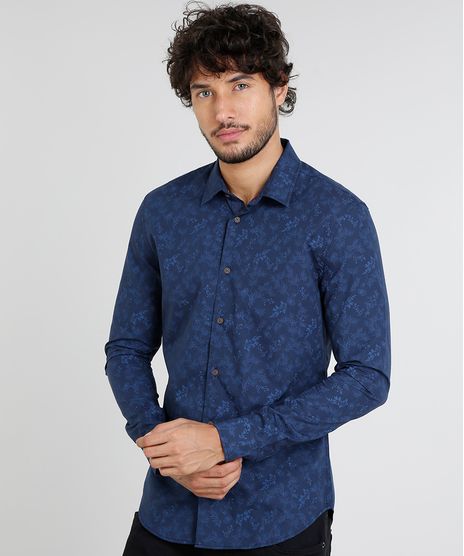 Camisa-Masculina-Slim-Estampada-de-Folhagem-Manga-Curta-Azul-Marinho-9252883-Azul_Marinho_1