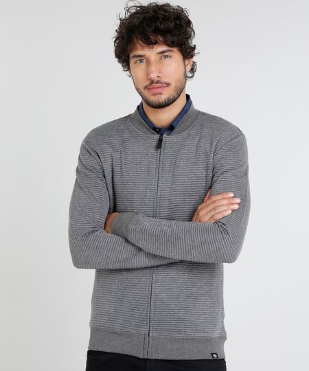 Jaqueta Bomber Masculina Slim Fit Texturizada com Bolsos Cinza Mescla Escuro Menor preço em Jaqueta Bomber Masculina Slim Fit Texturizada com Bolsos Cinza Mescla Escuro