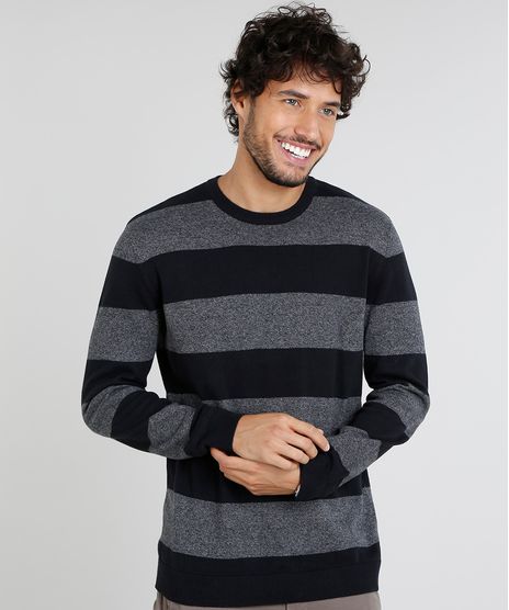 Sueter-Masculino-Listrado-em-Trico-Preto-9364115-Preto_1