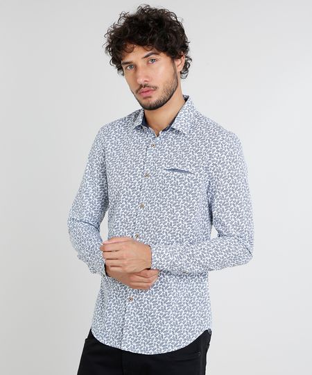 Camisa Masculina Slim Estampada De Folhagem Com Bolso Manga Curta
