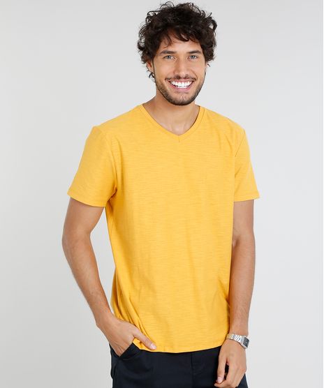 Camiseta-Masculina-Basica-Manga-Curta-Gola-V-Mostarda-9447466-Mostarda_1
