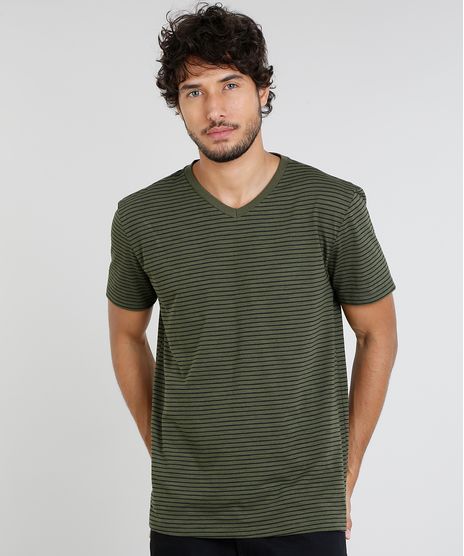 Camiseta-Masculina-Basica-Listrada-Manga-Curta-Gola-V-Verde-Militar-9447467-Verde_Militar_1