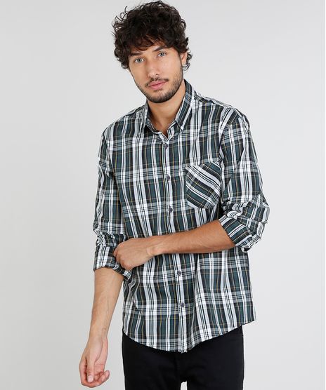 Camisa-Masculina-Comfort-Estampada-Xadrez-com-Bolso-Manga-Longa-Verde-9445206-Verde_1