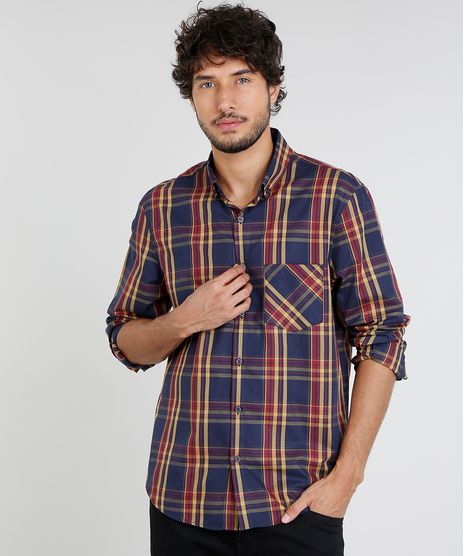 Camisa-Masculina-Comfort-Estampada-Xadrez-com-Bolso-Manga-Longa-Azul-Marinho-9445207-Azul_Marinho_1