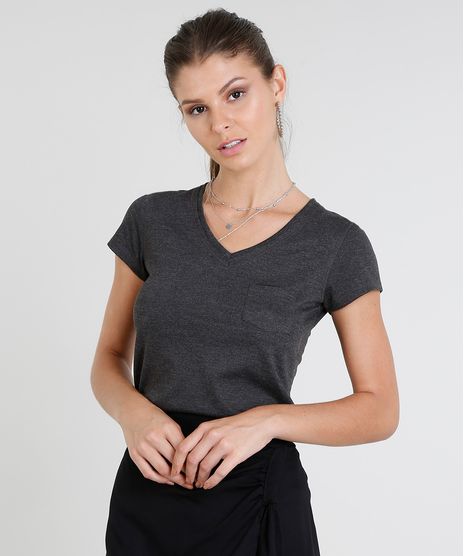 Blusa-Feminina-Basica-com-Bolso-Manga-Curta-Decote-V-Cinza-Mescla-Escuro-8336886-Cinza_Mescla_Escuro_1