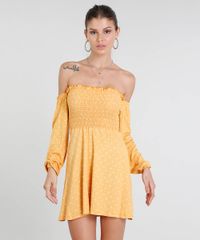 Vestido-Feminino-Curto-Ombro-a-Ombro-Estampado-de-Poa-Manga-Longa-Mostarda-9447662-Mostarda_1
