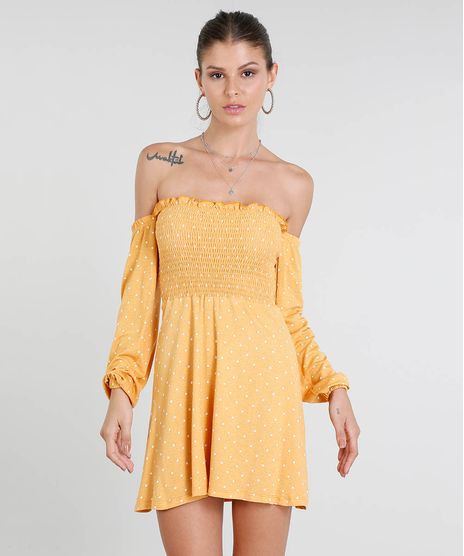 Vestido-Feminino-Curto-Ombro-a-Ombro-Estampado-de-Poa-Manga-Longa-Mostarda-9447662-Mostarda_1