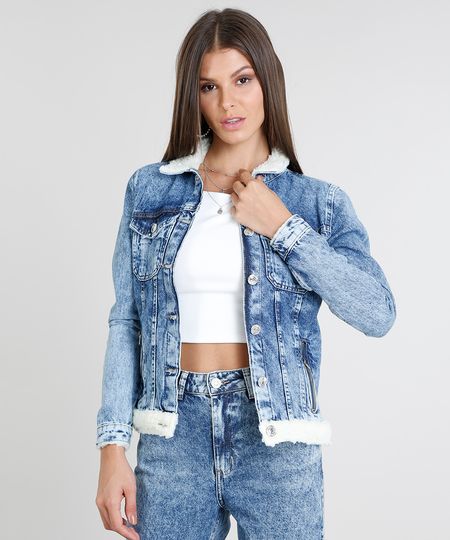 Jaqueta Jeans Feminina com Pelo Azul Médio - G Menor preço em Jaqueta Jeans Feminina com Pelo Azul Médio - G