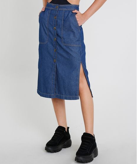 Saia-Jeans-Feminina-Midi-com-Botoes-e-Fendas-Azul-Escuro-9365658-Azul_Escuro_1