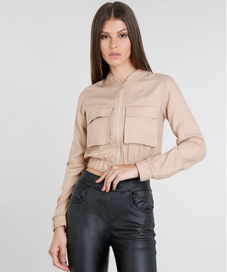 Jaqueta-Bomber-Feminina-Cropped-com-Bolsos-Kaki-9394139-Kaki_1