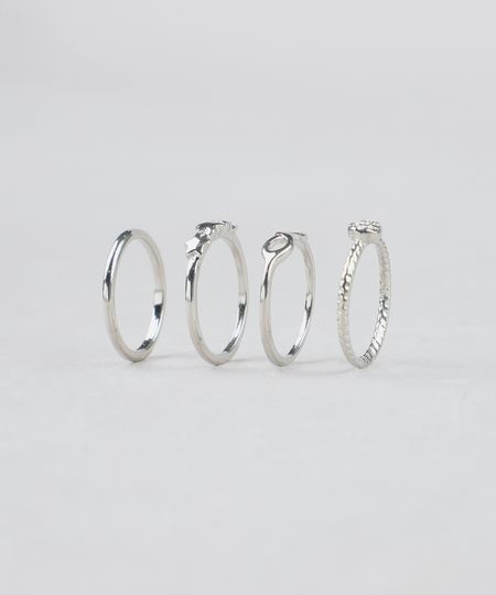 Kit de 4 Anéis Femininos Prateado Menor preço em Kit de 4 Anéis Femininos Prateado
