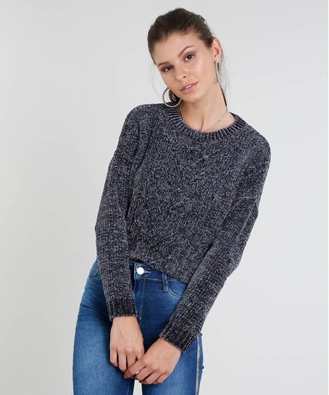 Sueter-Feminino-em-Trico-de-Chenille-Manga-Longa-Cinza-Mescla-Escuro-9356819-Cinza_Mescla_Escuro_1
