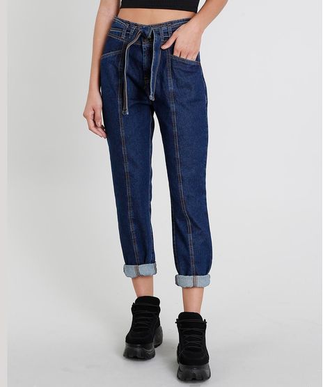 Calca-Jeans-Feminina-Mom-Clochard-com-Faixa-para-Amarrar-Azul-Escuro-9463410-Azul_Escuro_1