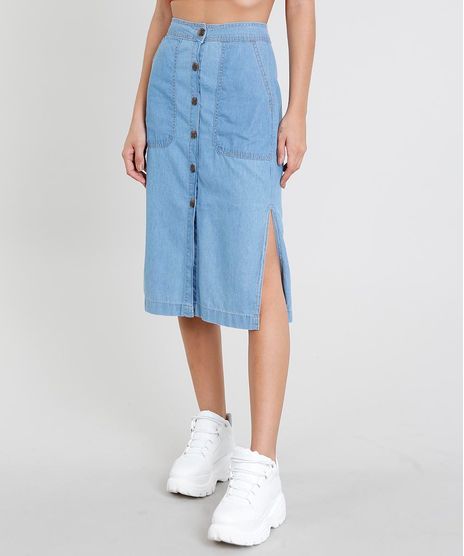 Saia-Jeans-Feminina-Midi-com-Botoes-e-Fendas-Azul-Claro-9365658-Azul_Claro_1