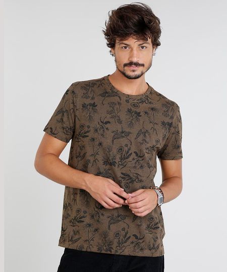 Camiseta-Masculina-Estampada-de-Folhas-Manga-Curta-Gola-Careca-Marrom-9460501-Marrom_1