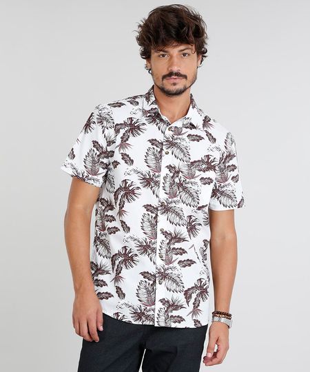 Camisa-Masculina-Estampada-de-Folhagem-com-Bolso-Manga-Curta-Branca-9367429-Branco_1