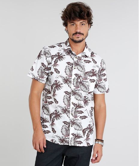 Camisa-Masculina-Estampada-de-Folhagem-com-Bolso-Manga-Curta-Branca-9367429-Branco_1