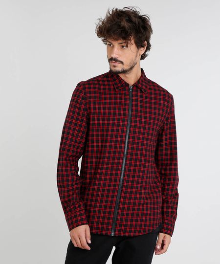 Camisa-Masculina-em-Flanela-Estampada-Xadrez-com-Ziper-Manga-Longa-Preta-9383365-Preto_1
