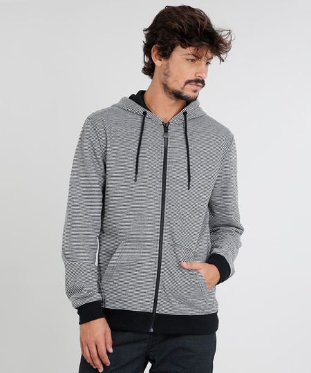 Blusão Masculino Listrado com Capuz em Moletom Preto Menor preço em Blusão Masculino Listrado com Capuz em Moletom Preto