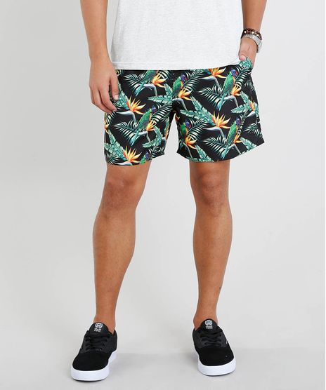 Short-Masculino-Estampado-de-Passaros-com-Bolsos-Preto-9336814-Preto_1