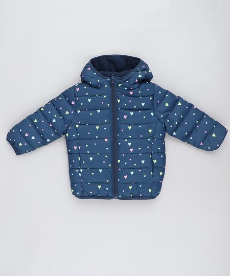 Jaqueta Infantil Puffer Estampada de Corações com Capuz Azul Marinho Menor preço em Jaqueta Infantil Puffer Estampada de Corações com Capuz Azul Marinho