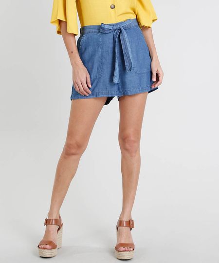 Short Jeans Feminino com Bolsos e Faixa para Amarrar Azul Médio Menor preço em Short Jeans Feminino com Bolsos e Faixa para Amarrar Azul Médio