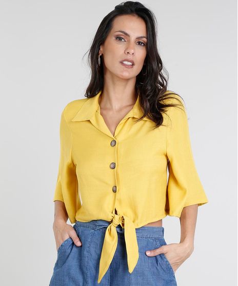 Camisa-Feminina-Cropped-com-No-Manga-Curta-Mostarda-9460408-Mostarda_1