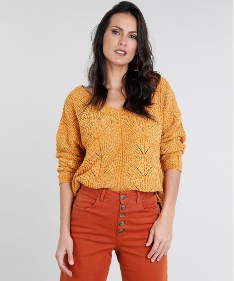 Sueter-Feminino-em-Trico-de-Chenille-Manga-Longa-Amarelo-Escuro-9362699-Amarelo_Escuro_1