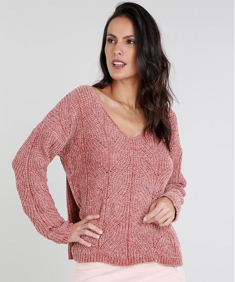 Sueter-Feminino-em-Trico-de-Chenille-Manga-Longa-Rosa-Escuro-9362699-Rosa_Escuro_1