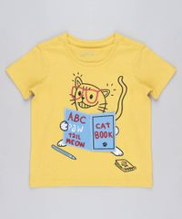 Camiseta-Infantil-com-Estampa-Interativa-de-Gato-Manga-Curta-Gola-Careca-Amarela-9441594-Amarelo_1