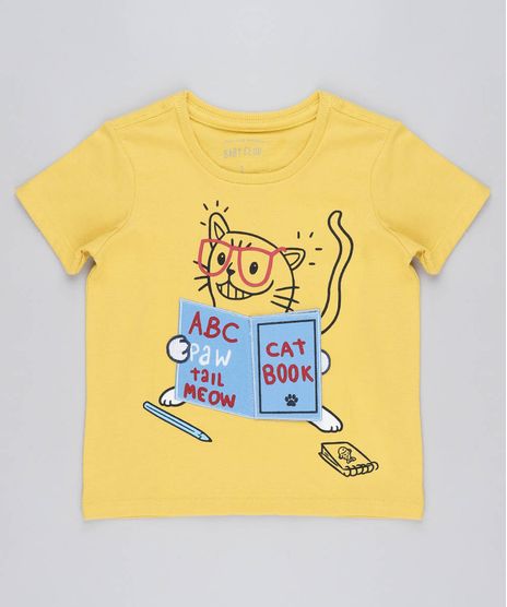 Camiseta-Infantil-com-Estampa-Interativa-de-Gato-Manga-Curta-Gola-Careca-Amarela-9441594-Amarelo_1