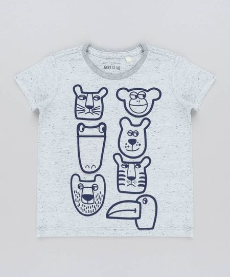 Camiseta Infantil com Estampa Interativa de Bichos Manga Curta Gola Careca Cinza Mescla Menor preço em Camiseta Infantil com Estampa Interativa de Bichos Manga Curta Gola Careca Cinza Mescla