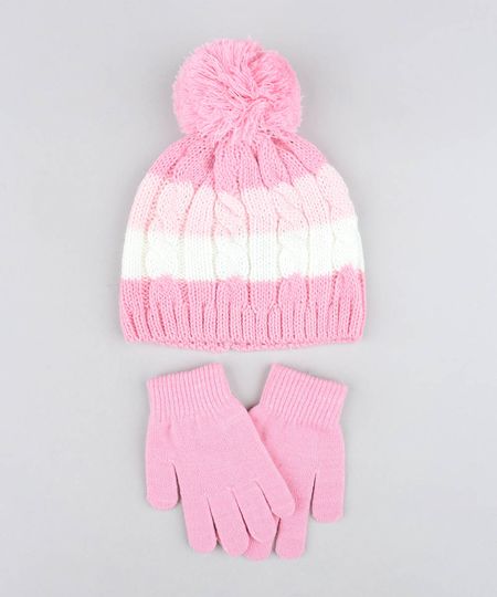 Kit-de-Gorro-Infantil-Listrado-com-Pompom---Luva-em-Trico-Rosa-9358410-Rosa_1