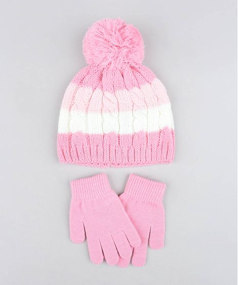 Kit-de-Gorro-Infantil-Listrado-com-Pompom---Luva-em-Trico-Rosa-9358410-Rosa_1