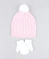 Kit-de-Gorro-Infantil-com-Pompom---Luva-em-Trico-Rosa-Claro-9358238-Rosa_Claro_1