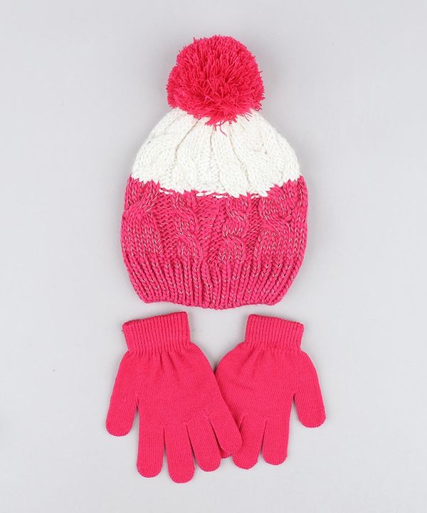 Kit de Gorro Infantil com Pompom e Lurex + Luva em Tricô Pink Único