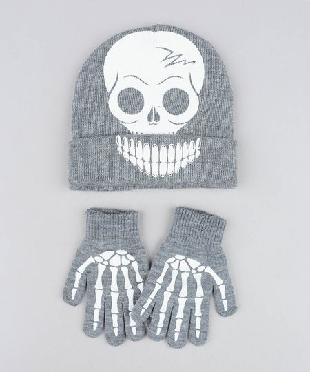 Kit-de-Gorro-Infantil-de-Caveira---Luvas-Esqueleto-em-Trico-Cinza-Mescla-8865097-Cinza_Mescla_1