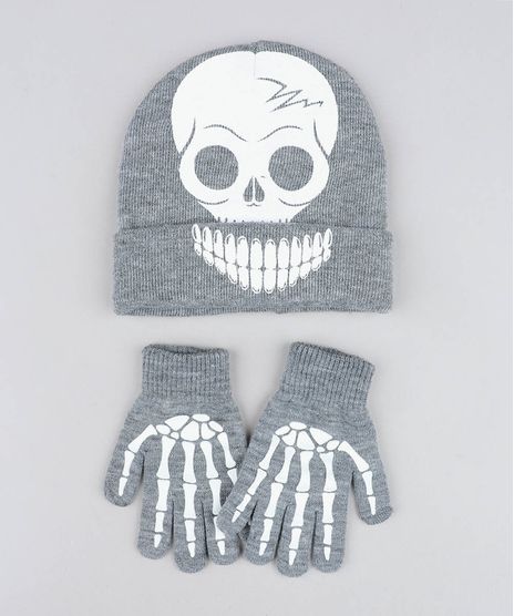 Kit-de-Gorro-Infantil-de-Caveira---Luvas-Esqueleto-em-Trico-Cinza-Mescla-8865097-Cinza_Mescla_1