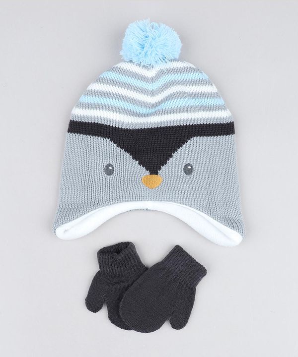 Kit de Gorro Pinguim com Pompom + Luvas em Tricô Cinza Único